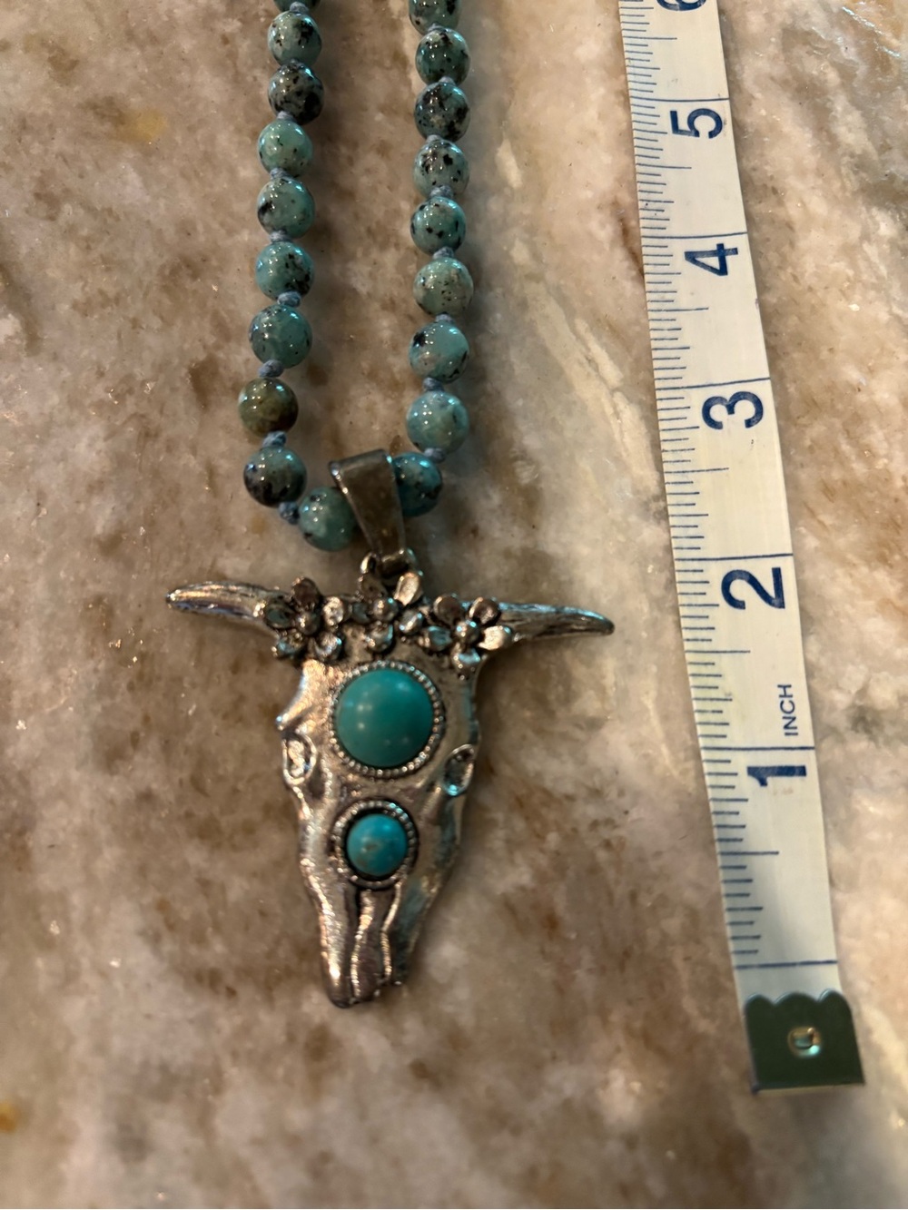Turquoise Bead Necklace with Bull Skull Pendant